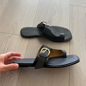 Madewell Black Leather Cutout Sandals with Gold Buckle US Women 6.5